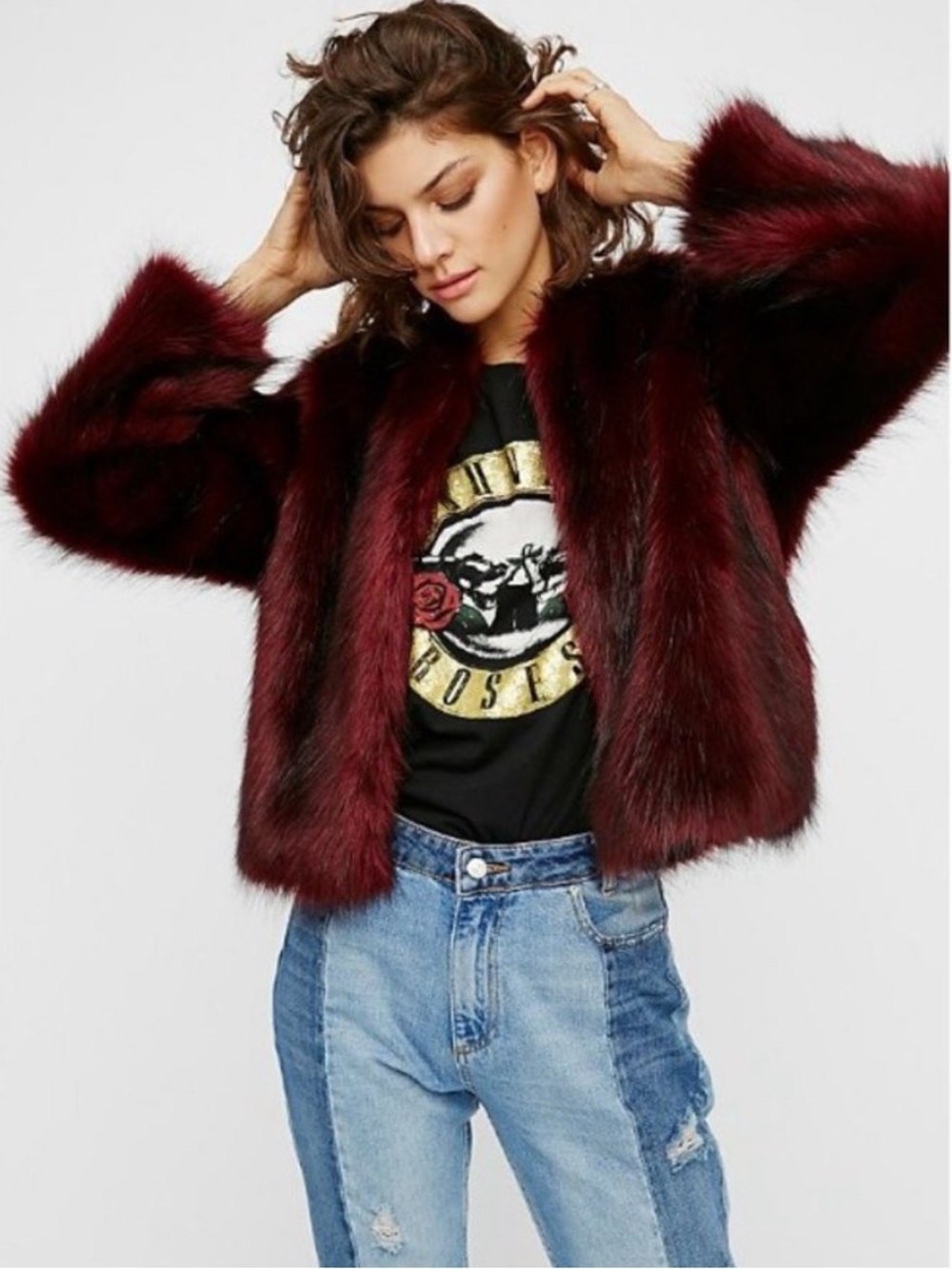 Free People Izzy Faux Fur Coat Jacket Burgundy Wine Red